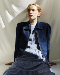 Denim Blouson Jacket With Puff Sleeve And Front Welt Pocket