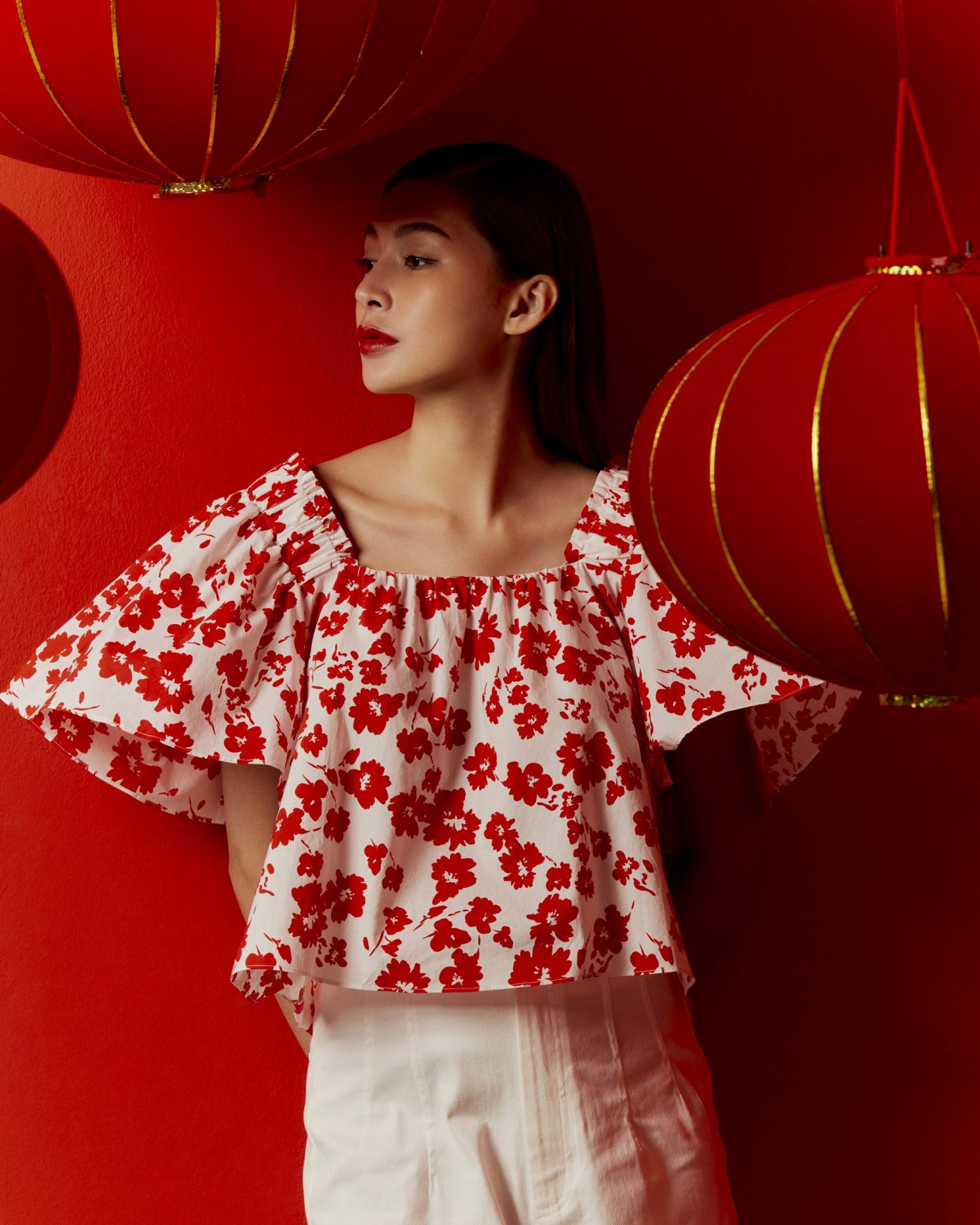 Printed Ruffle Flare Sleeve Blouse