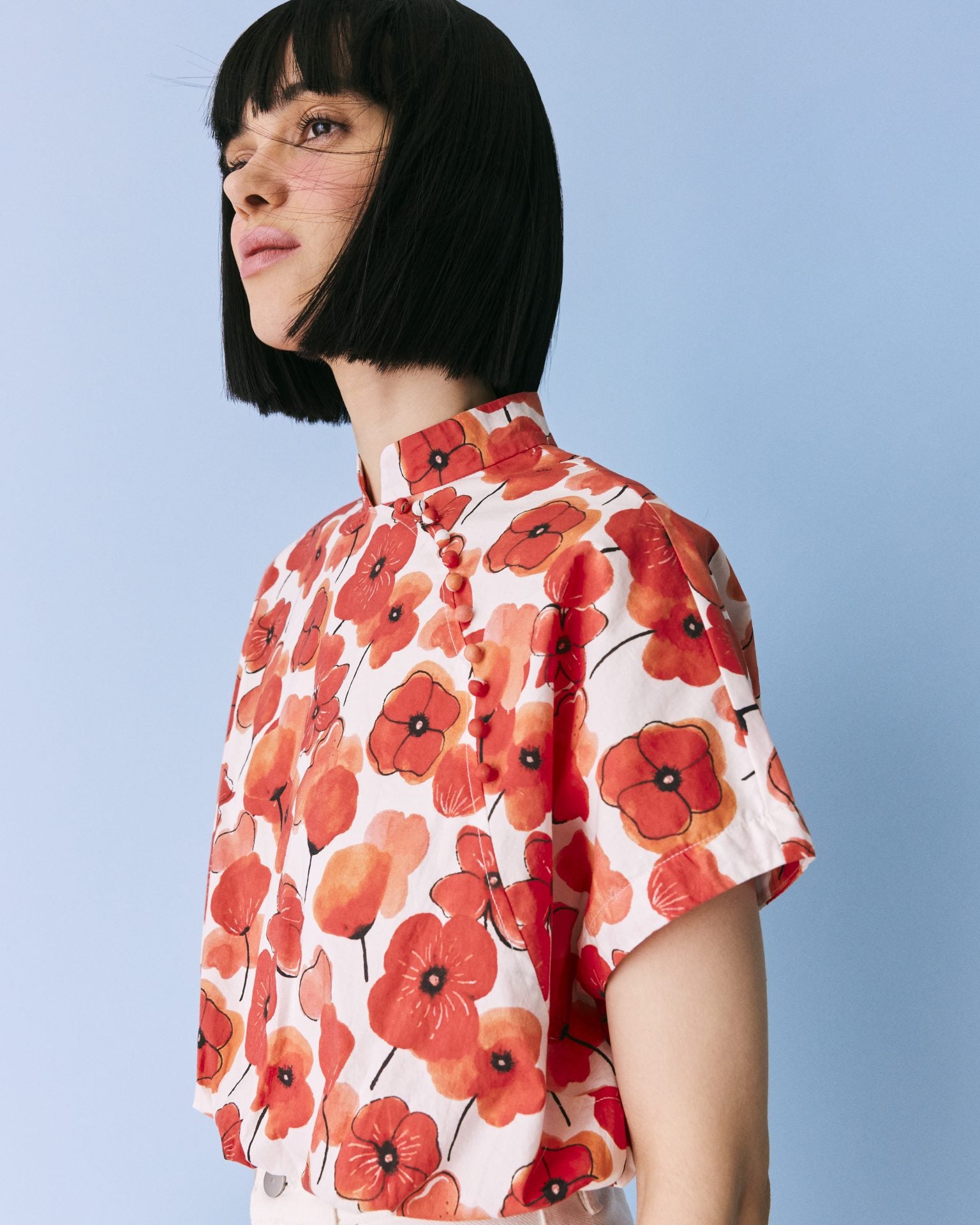 Printed Cropped Mandarin Collar Top