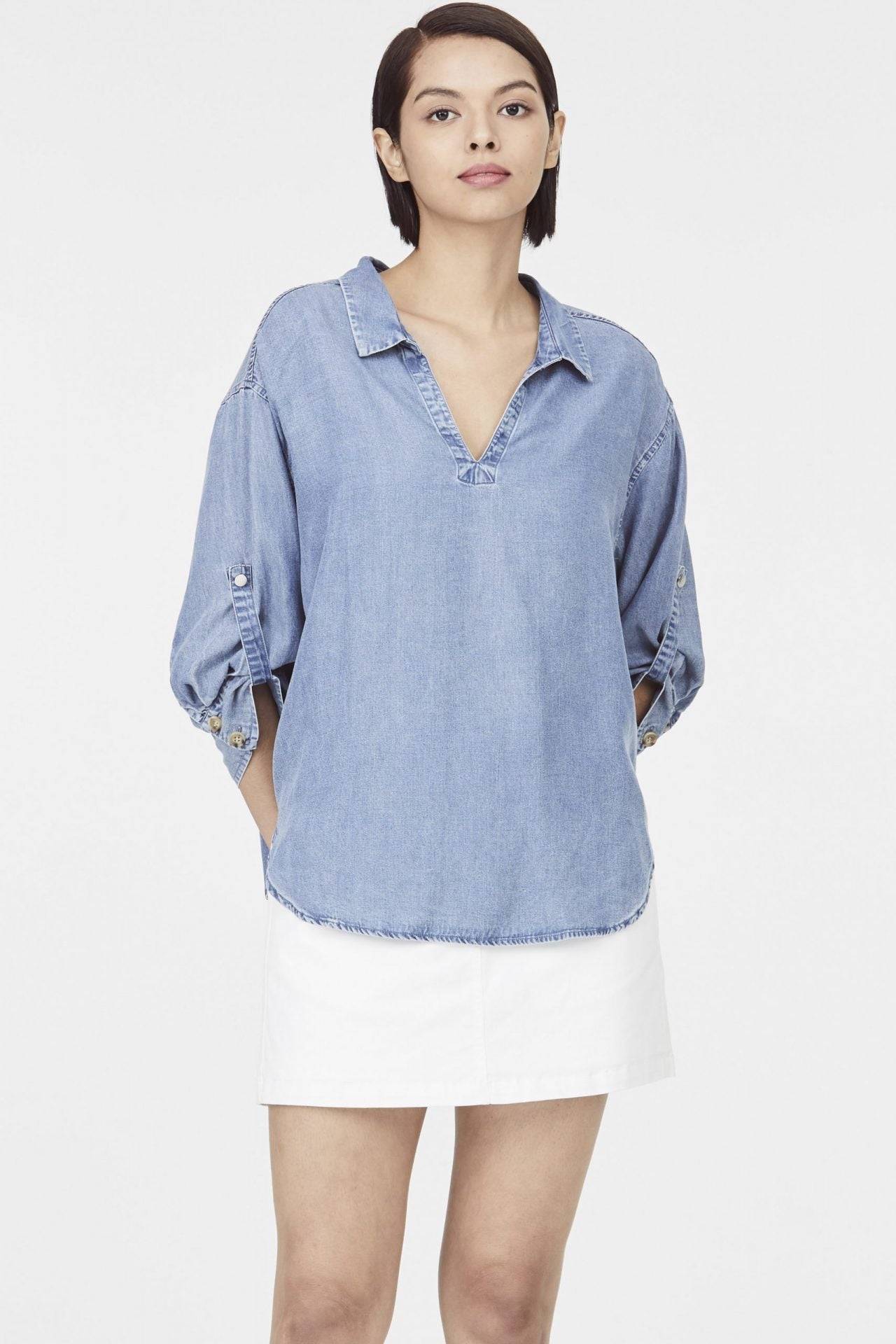 Denim Collared V-Neck Blouse